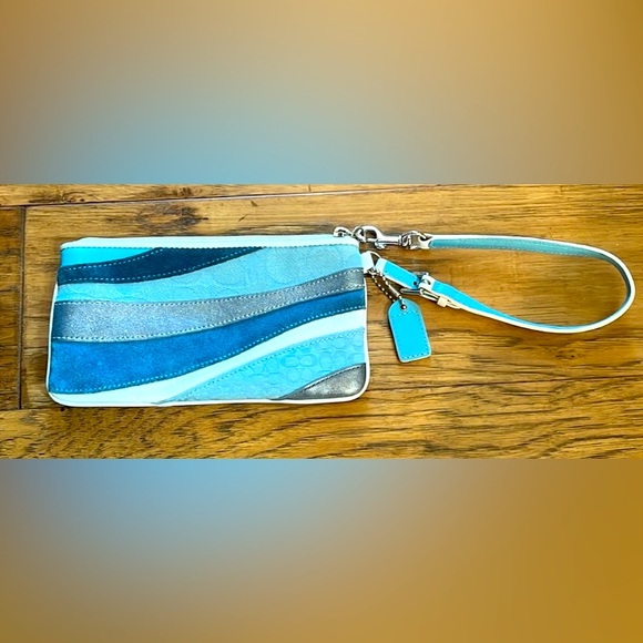 COACH Blue Suede Patchwork Wave Wristlet - Picture 3 of 7